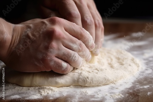 close-up of pizw dough being stretched and kneaded with flour visible, created with generative ai