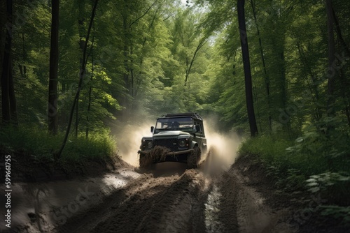 off-road vehicle speeding through wooded forest, surrounded by nature, created with generative ai