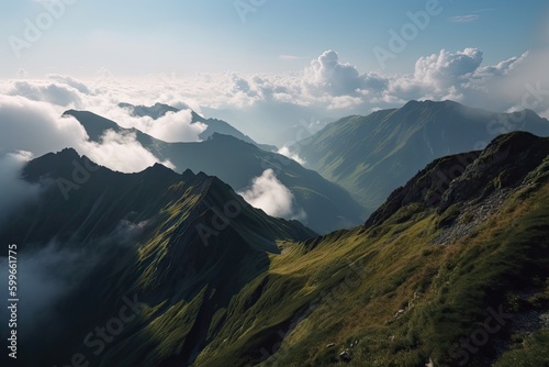 majestic mountain range viewed from above, with clouds obscuring part of the view, created with generative ai