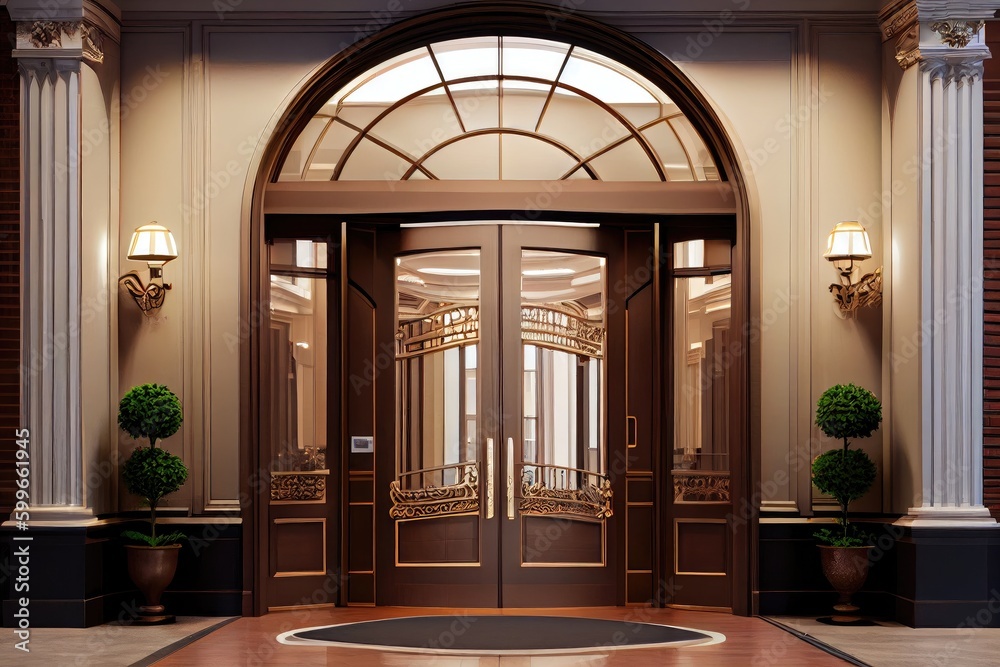 a grand entrance, with double doors and sweeping lobby, for a luxurious hotel or upscale office building, created with generative ai