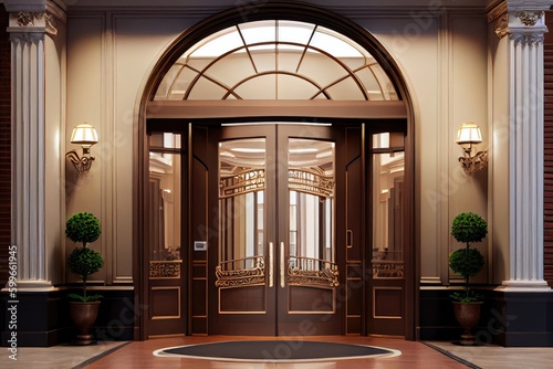 a grand entrance, with double doors and sweeping lobby, for a luxurious hotel or upscale office building, created with generative ai
