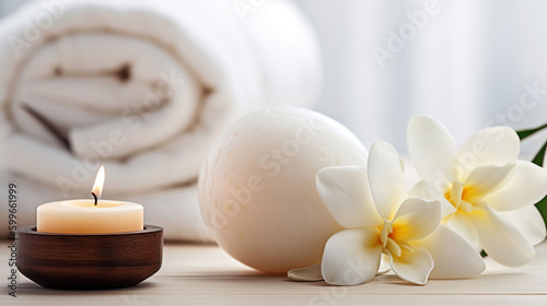 Spa composition massage herbal ball  plumeria flower in vase coconut coffee soap white towels and candle on white wood table background  AI Generative