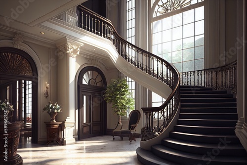a grand staircase leading to the entrance doors  with views of the lobby visible through large windows  created with generative ai