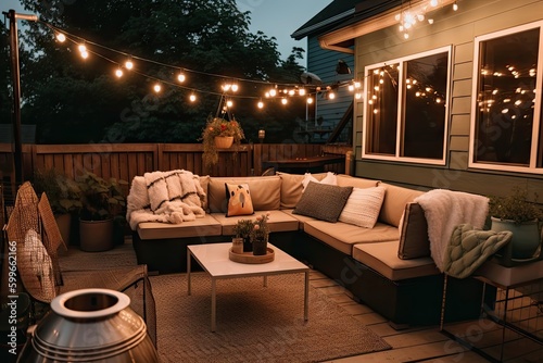 outdoor lounge area with plush seating, oversized pillows and string lights for a cozy getaway, created with generative ai © Alfazet Chronicles