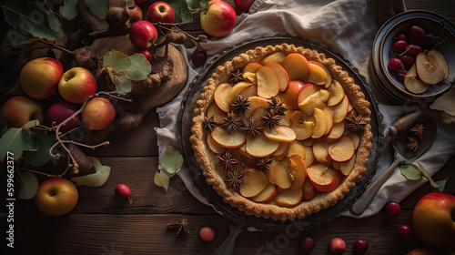 Traditional American Thanks Giving pie with whole organic apples, cinnamon sticks on wooden table. Homemade fruit tart baked to golden crust. Close up, copy space, AI Generative