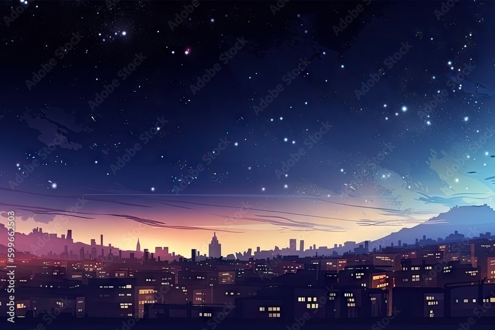 cityscape, with view of the starry night sky and distant planets, created with generative ai