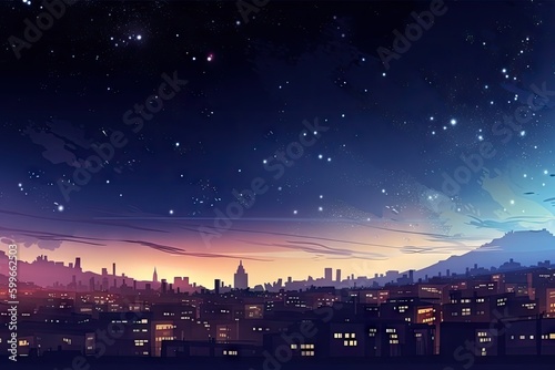cityscape, with view of the starry night sky and distant planets, created with generative ai