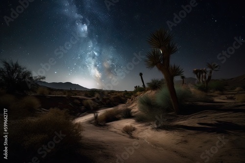 night sky with stars and moon, shining down over oasis in desert, created with generative ai