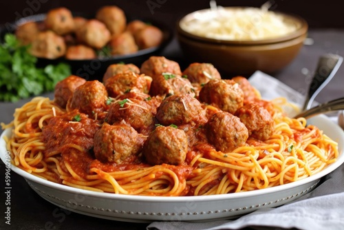 platter of spaghetti and meatballs, ready to serve, created with generative ai