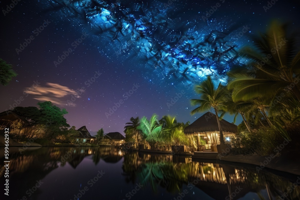 Fototapeta premium exotic destination, with view of the night sky and stars shining overhead, created with generative ai
