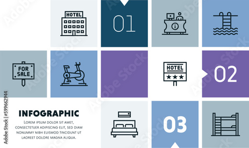 Travel accommodation infographic design with icons, made by thin line style with editable strokes.