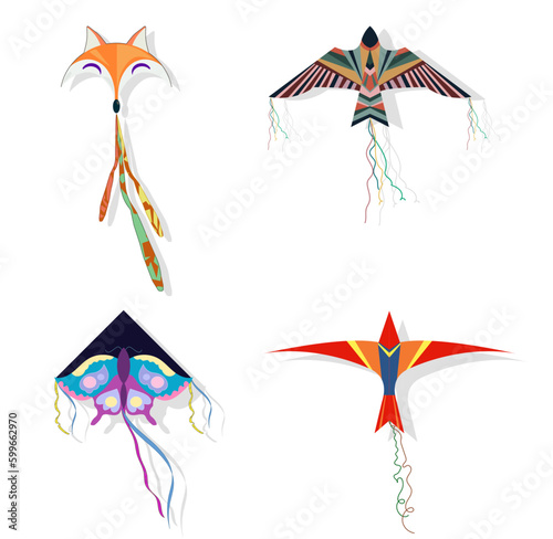 Cartoon kites, Wind flying toy with ribbon and tail for kids. Makar Sankranti, Butterfly, fox, eagle kite shape and design, vector set. Illustration wind kite game, summer flying toy.