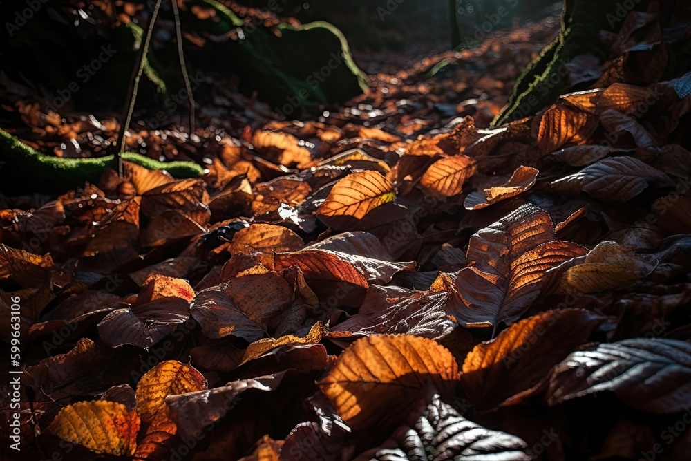 close-up of fallen leaves, with sunlight shining through them, created with generative ai close-up of fallen leaves, with sunlight shining through them, created with generative ai
