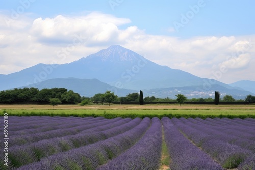 lavender field with mountain range in the background, created with generative ai