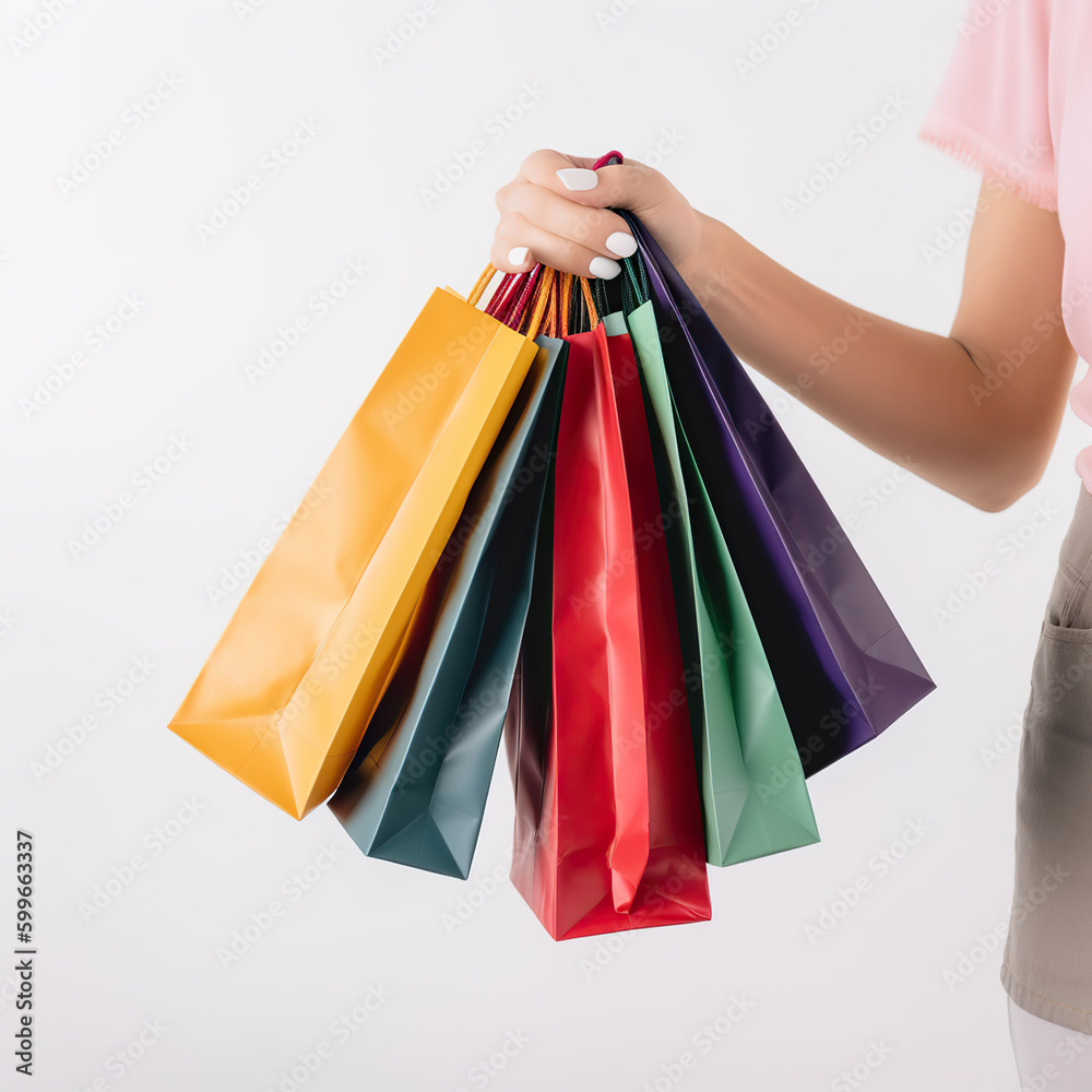 Cropped shot of female hand holding bunch of different colorful blank shopping bags over isolated white background. Many packets with in womans arms. Black friday sale concept. AI Generative