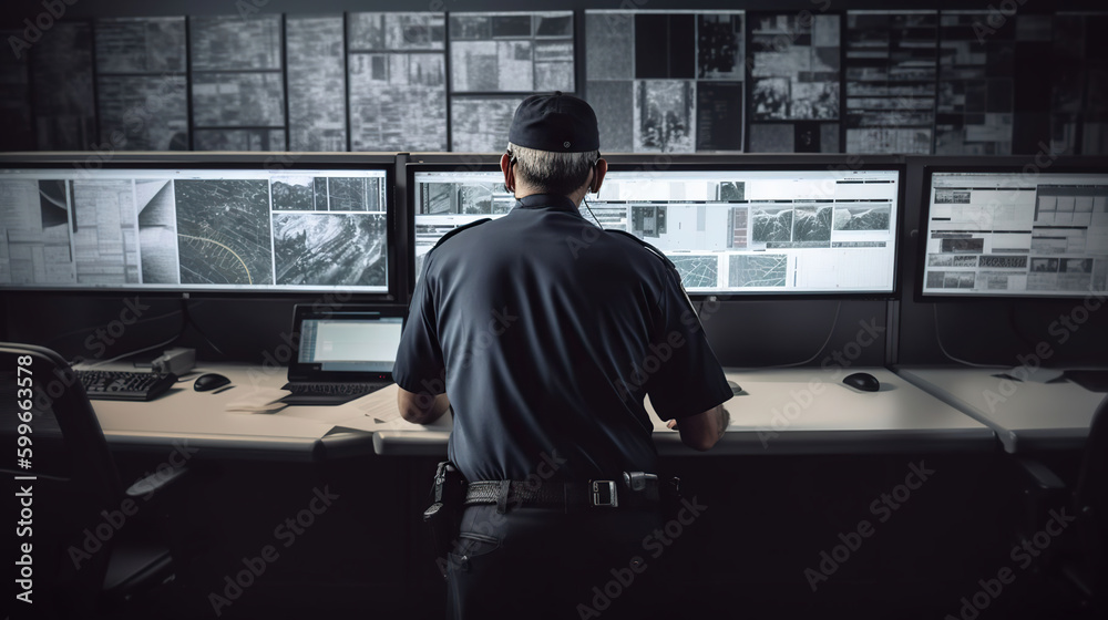 Male security guard working in surveillance room, back view. Generative AI