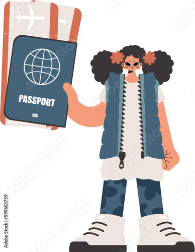 ﻿The energized lady holds a visa and trade for the preeminent passed on tickets in his hands. Kept on white foundation. Trendy style, Vector Illustration