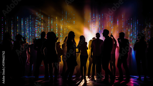 Silhouette of a party crowd on a disco lights background. AI Generative