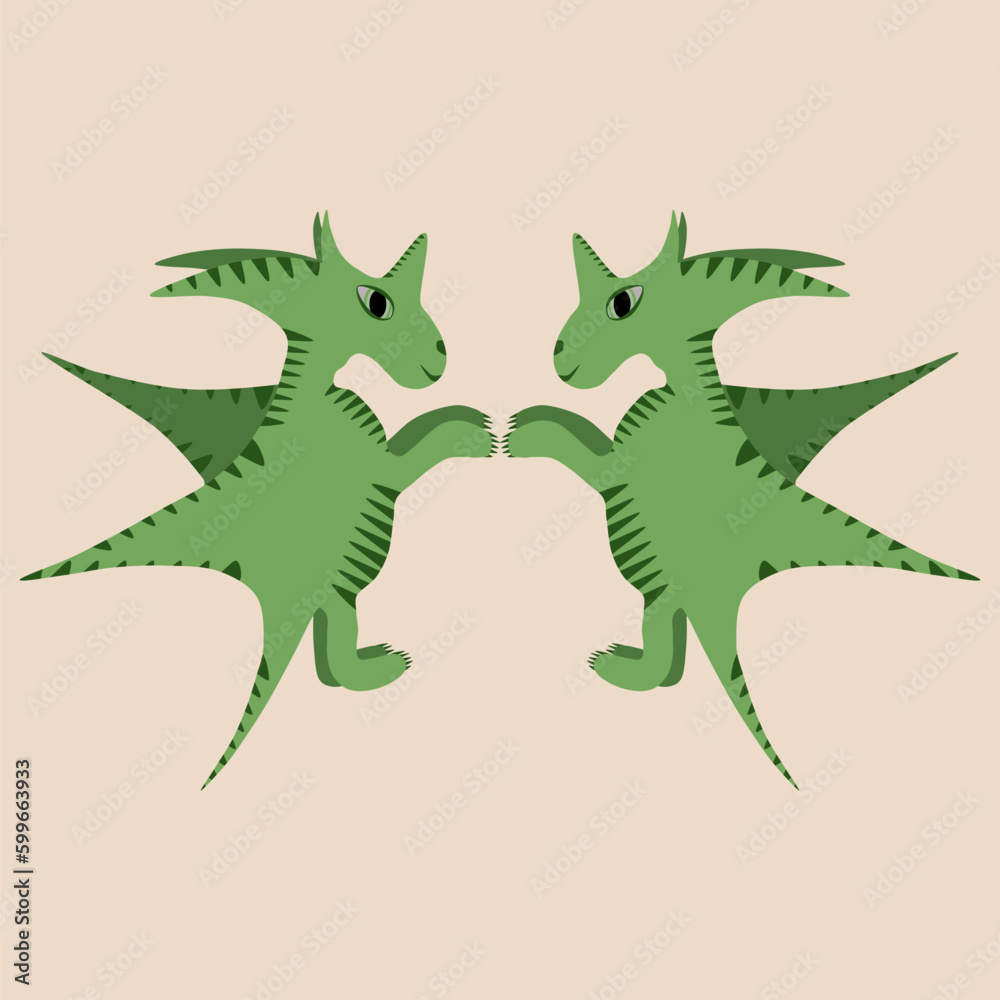 Obraz premium set of two isolated flying dragons in green, fantasy dragon monster for kids, cartoon fantasy creature, illustration design for kids