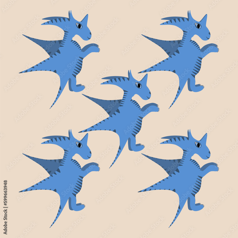 Fototapeta premium set of five isolated flying dragons in blue, fantasy dragon monster for kids, cartoon fantasy creature, illustration design for kids