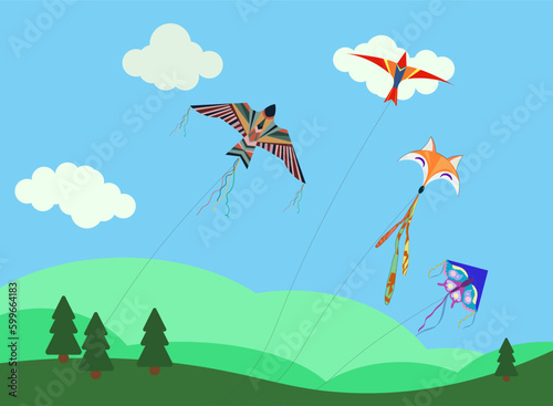 Cartoon kites. Wind flying toy with ribbon and tail for kids, kites on the sky, Makar Sankranti. Butterfly, fox, eagle kite shape and design, vector set. Illustration wind kite game, summer flying toy