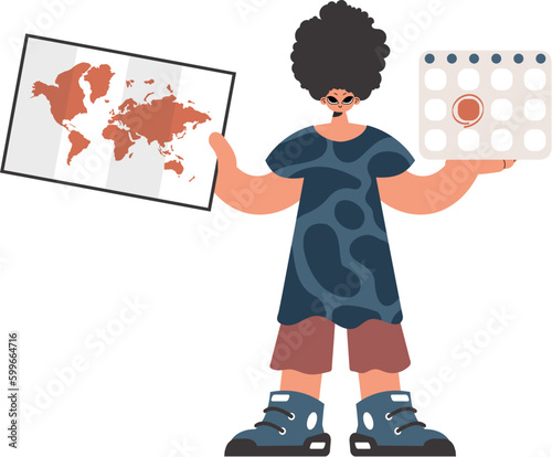 ﻿The individual holds a calendar and a chart of the world in his hands. Compelled on white establishment. Trendy style, Vector Illustration