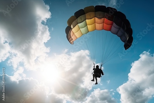 A person on a rainbow parachute descends to the ground. Generative AI