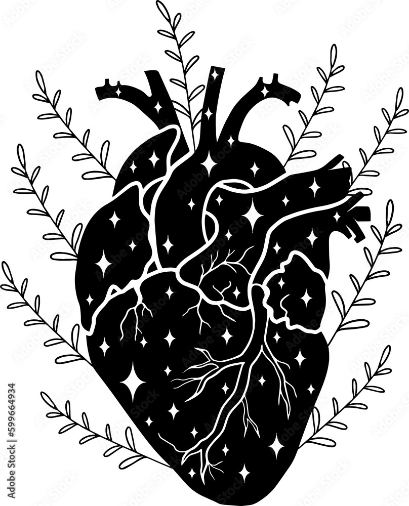 Human heart with wild flowers, minimalistic line art - obrazy, fototapety, plakaty 