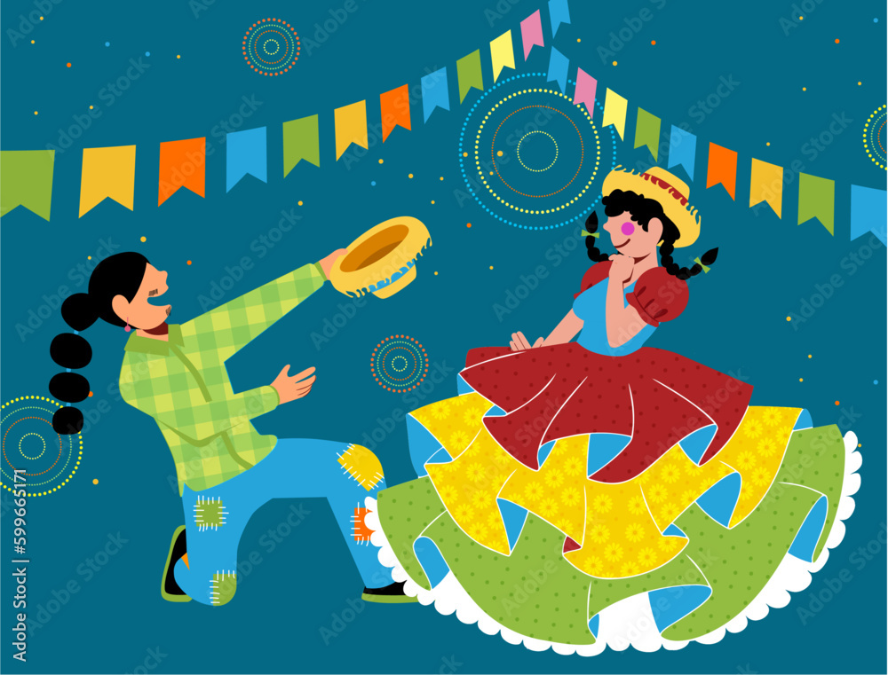 Festa Junina e Diversidade - Raça - Gênero - LGBTQIA Vetor de casal caipira dançando em vila caipira com músicos na Festa de São João - Festa Junina	