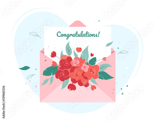Envelope with flowers and card with greeting. Happy Mother's Day. Teacher's Day. Vector illustration for banner, cover, poster, greeting message, card