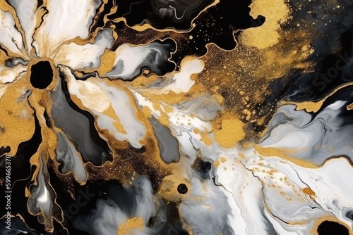 Fractal flowers golden and black liquid marble background. Resin geode and abstract art, functional art, like watercolor geode painting - Generative AI