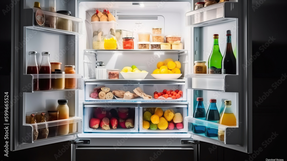 Refrigerator with different products in kitchen, AI Generative
