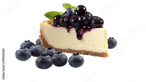 isolated slice of Cheesecake with Blueberry compote, Food-themed, photorealistic illustrations on a transparent background cutout in PNG. Generative AI