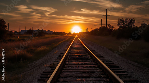 Train tracks leading into the sunset. AI Generative