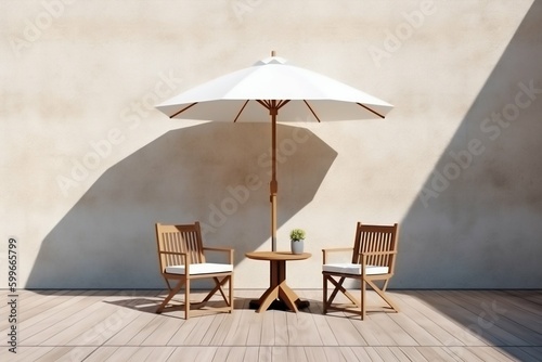 Chair, Table, and Umbrella in Front of White Wall. Generative ai