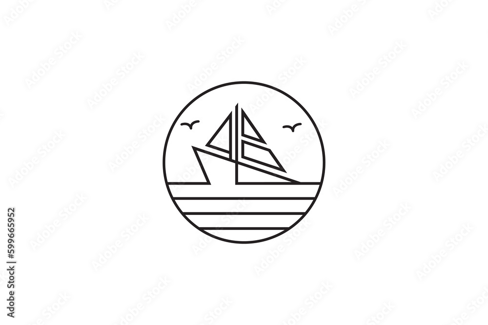 sailing ship wave line art style logo with circle frame sailing ship wave line art style logo with circle frame