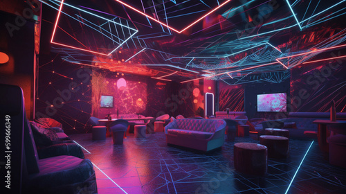 A futuristic nightclub with neon lights and holograp Generative AI  photo