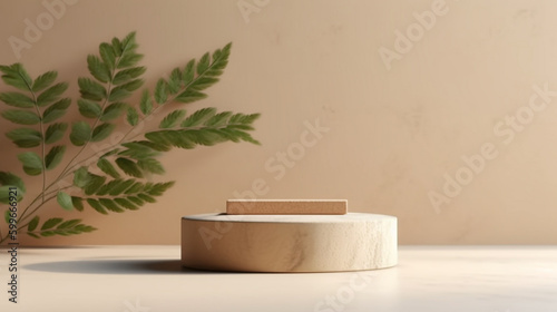 Natural Wood Step Up Podium on Beige and Tan Background with Leaves for Product Mock Up or Product Placement - Generative AI