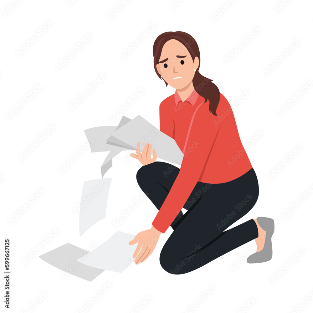 Unhappy businesswoman crying collect scattered on floor papers. Upset stressed clumsy woman gather dropped documents or paperwork, clean mess at workplace. Flat vector illustration isolated  - obrazy, fototapety, plakaty 