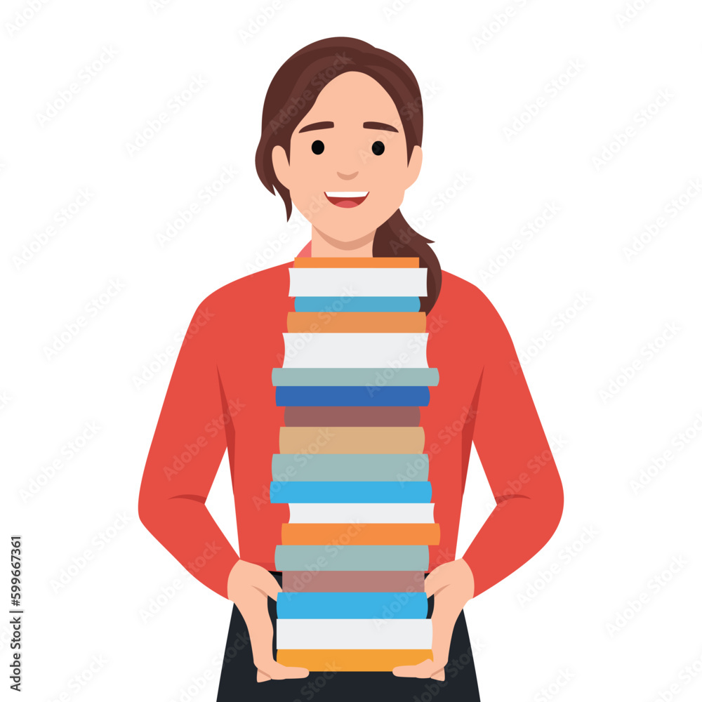 Woman holding stack of books. Bookstore, bookshop, library, book lover, bibliophile, education concept. Isolated vector illustration for poster.. Flat vector illustration isolated on white background Woman holding stack of books. Bookstore, bookshop, library, book lover, bibliophile, education concept. Isolated vector illustration for poster.. Flat vector illustration isolated on white background