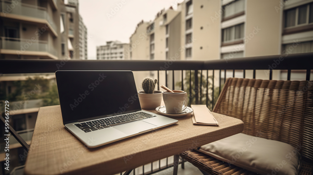 Home office concept. Designated work from home area at the balcony. Modern laptop, notebook and a cup of coffee on table, stylish straw chair with cushions. Close up, AI Generative Home office concept. Designated work from home area at the balcony. Modern laptop, notebook and a cup of coffee on table, stylish straw chair with cushions. Close up, AI Generative