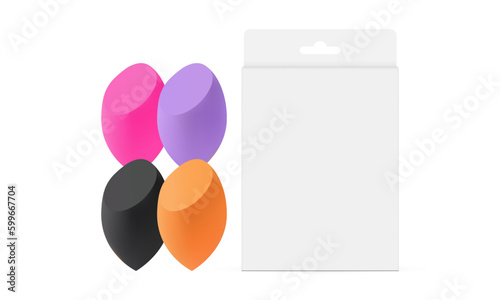 Four Makeup Sponges, Beauty Blender Set, Packaging Box With Hang Tab, Isolated on White Background. Vector Illustration