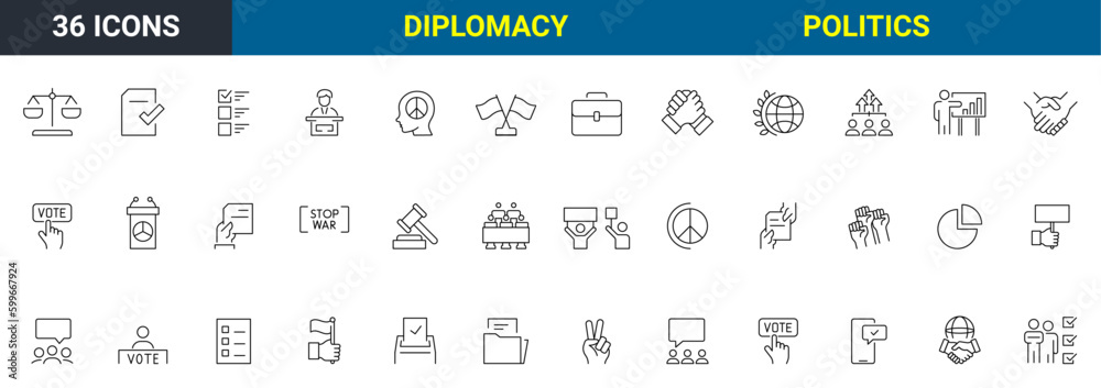 Set of 36 Politics and diplomacy. Voting Related Vector Line Icons. Raising Hands, Electronic voting and more. Editable Stroke