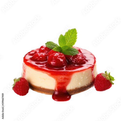 isolated slice of Cheesecake with Strawberry compot, Food-themed, photorealistic illustrations on a transparent background cutout in PNG. generative AI