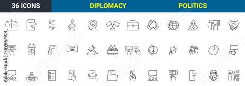 Set of 36 Politics and diplomacy. Voting Related Vector Line Icons. Raising Hands, Electronic voting and more. Editable Stroke