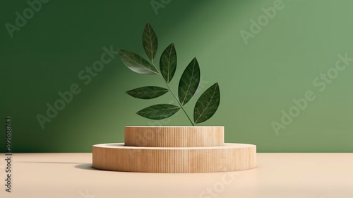 Natural and Fresh Wood Step Up Podium Display Background for Cosmetic  Beauty  or Tech Products against Dark Green Background - Product Mockup and Placement Template with Leaves - Generative AI