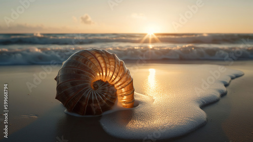 Tyndall effect light rays through the large Nautilus shell, laying on the beach in the waves of the ocean, AI Generative
