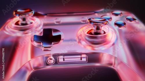 3d Gaming Controller with transparent reflection neon design. Animation, motion graphics for cyber sport theme. Game console joystick with buttons. Technology device with players, futuristic fun pad