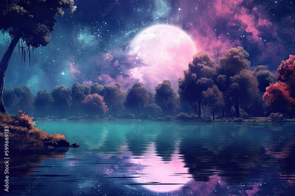 night landscape environment harvest moon over a glittering lake lush vegetation birchwood trees, flowers, magical galaxy - Generative AI night landscape environment harvest moon over a glittering lake lush vegetation birchwood trees, flowers, magical galaxy - Generative AI