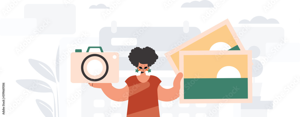 The never-ending woman holds a camera and photos in his hands. The concept of rest and travel. Trendy style, Vector Illustration The never-ending woman holds a camera and photos in his hands. The concept of rest and travel. Trendy style, Vector Illustration